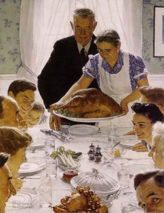 Norman Rockwell Thanksgiving dinner table and turkey painting